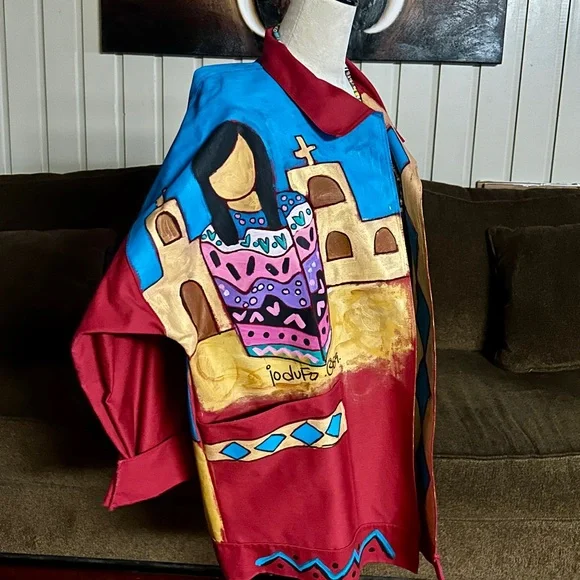 Jo Dufo ~1989 ~Hand-Painted Red/Multi-Colors Native American Indian Large Jacket